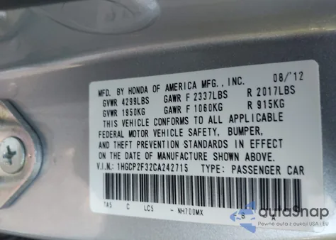 2012 Honda Accord 2.4 Lx from USA, damaged, VIN 1HGCP2F32CA242715